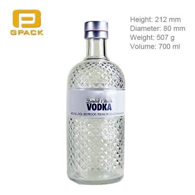 Botella de vidrio de vodka de 700 ml, modelo similar vacío al por mayor, con tapa de tapa de tornillo de aluminio