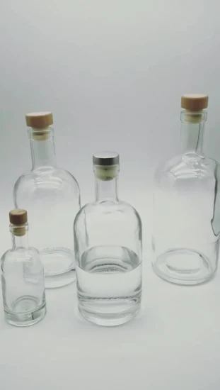 Botella de vino de diseño personalizado de fábrica, 375ml, 500ml, 750ml, botella de alcohol de vidrio para vodka con corcho