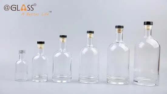 Venta al por mayor, botella de licor de vidrio de 100ml/200ml/375ml/500ml/700ml/750ml/1L, botellas de vidrio vacías redondas nórdicas con corcho de madera