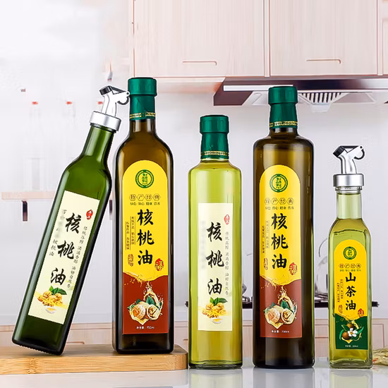 Botella de aceite de oliva verde cuadrada de vidrio de 1000 ml con tapa a juego